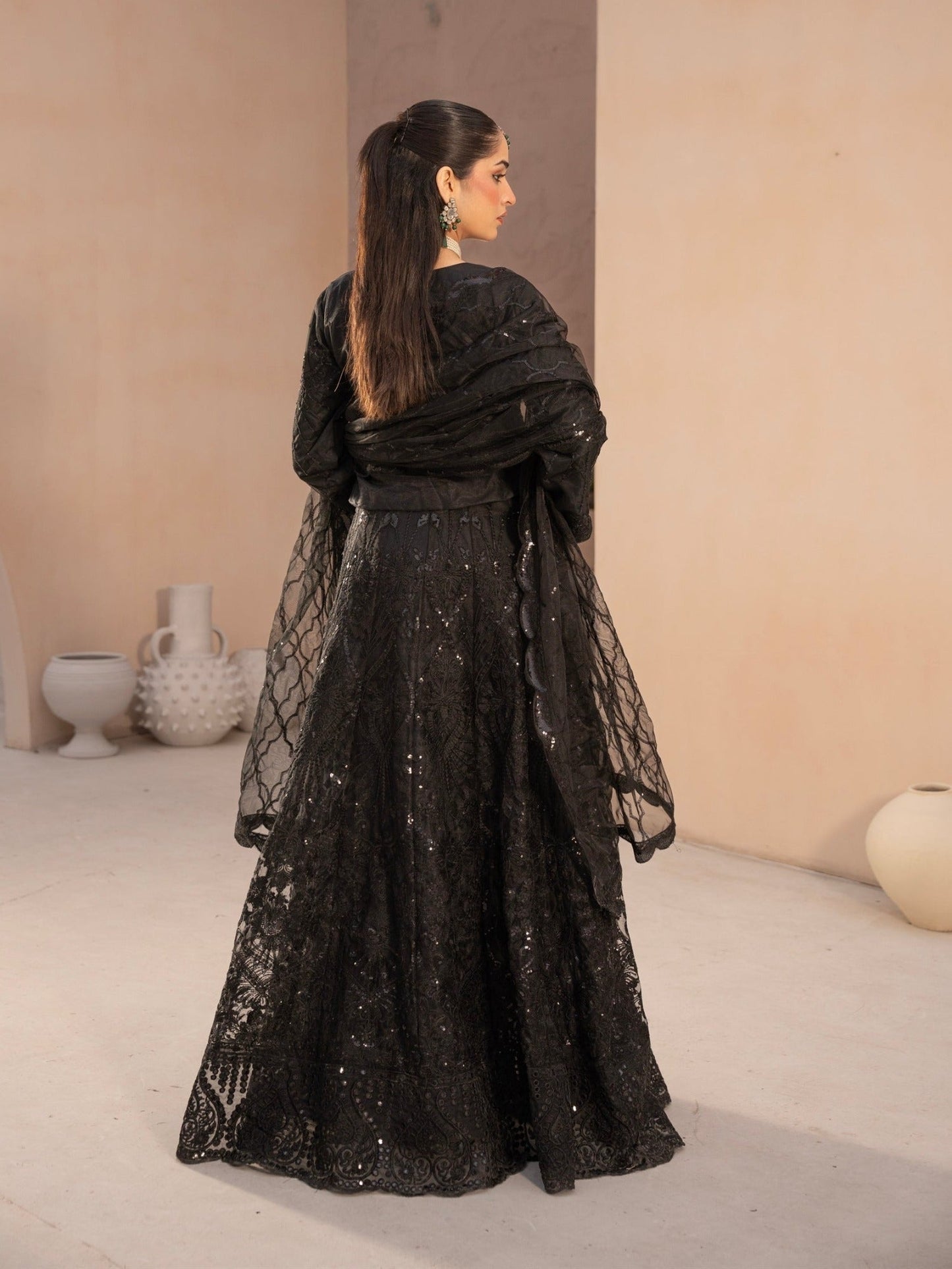Black-Manahil Arts Net Embellished Lehenga Set-L-004-Black