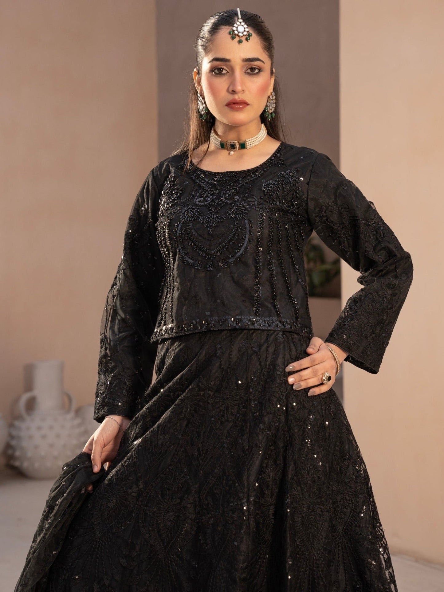 Black-Manahil Arts Net Embellished Lehenga Set-L-004-Black