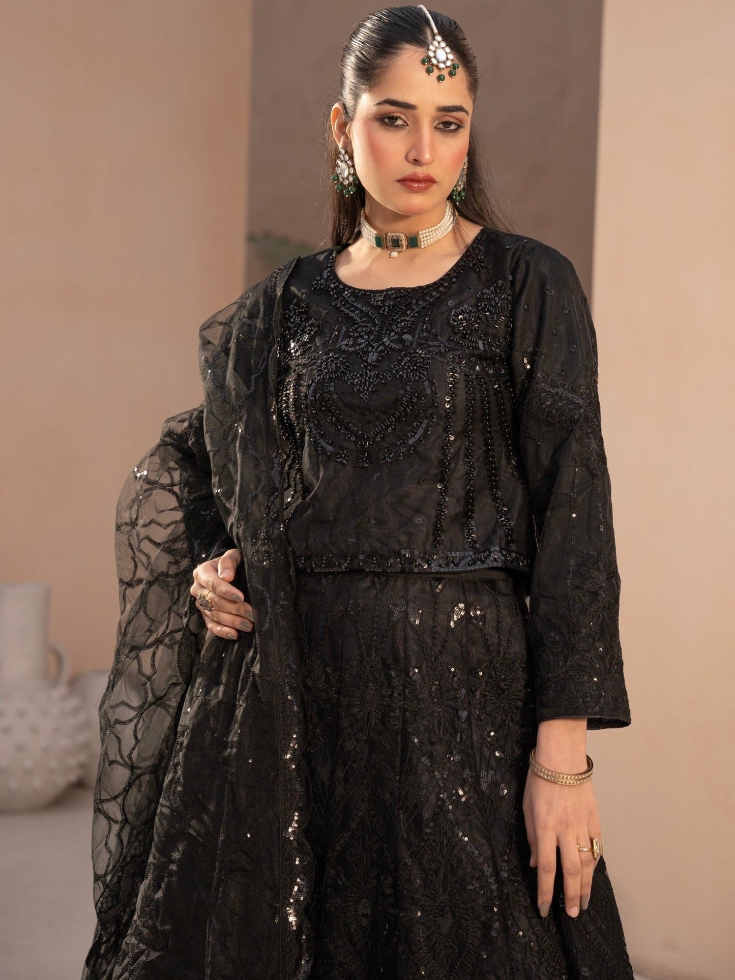 Black-Manahil Arts Net Embellished Lehenga Set-L-004-Black