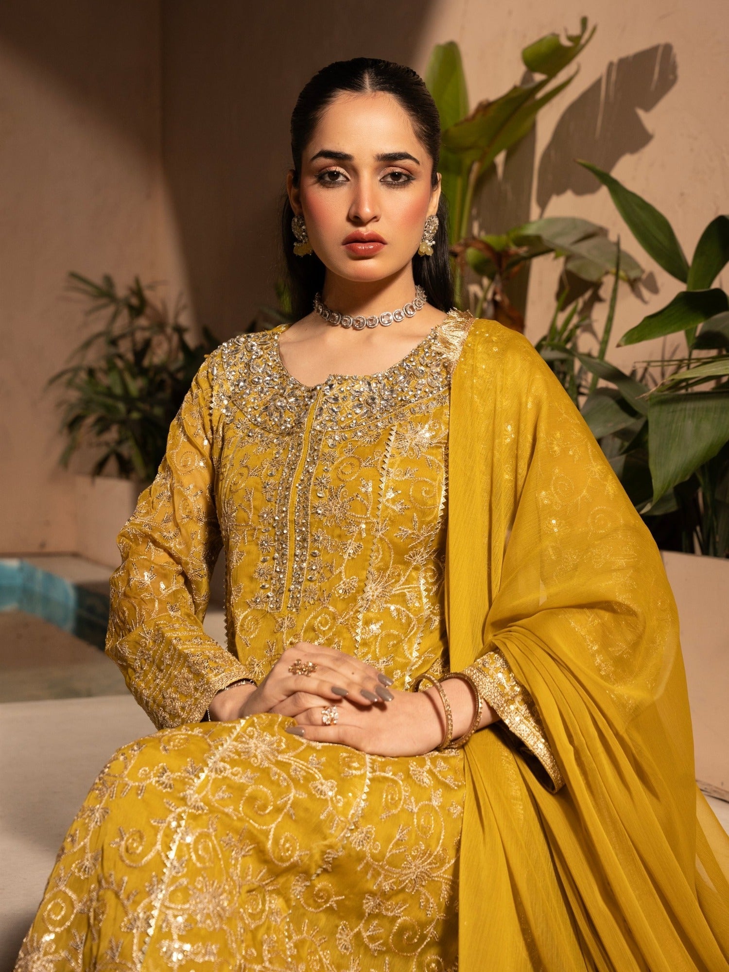 Mustard Yellow-Manahil Arts Chiffon Embellished Maxi-K-197-Mustard