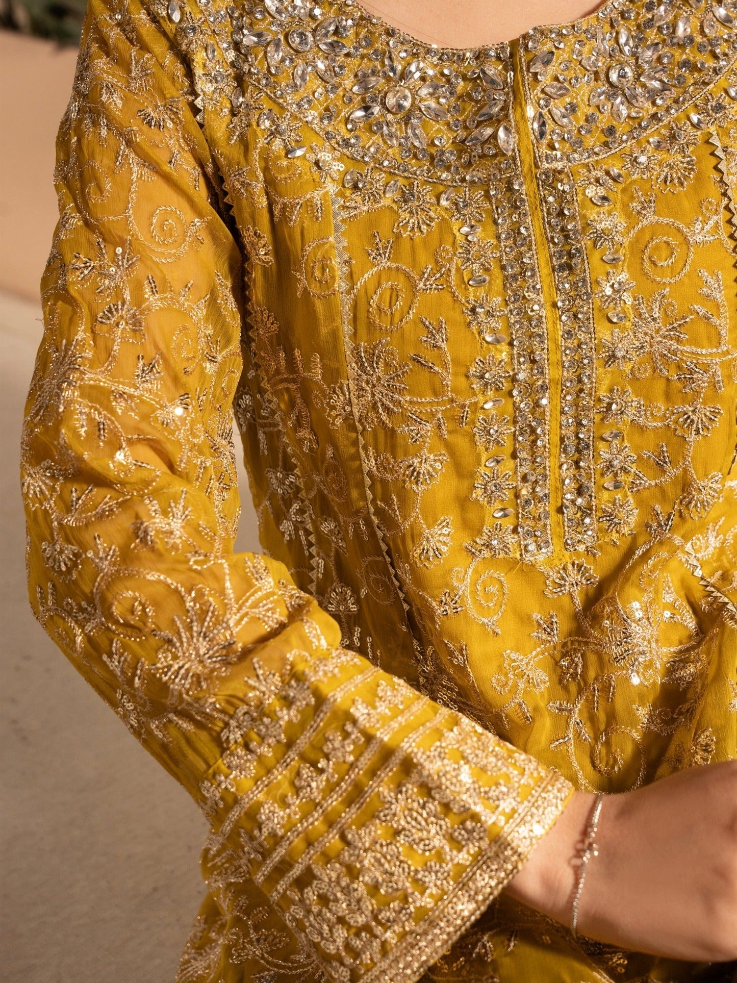 Mustard Yellow-Manahil Arts Chiffon Embellished Maxi-K-197-Mustard