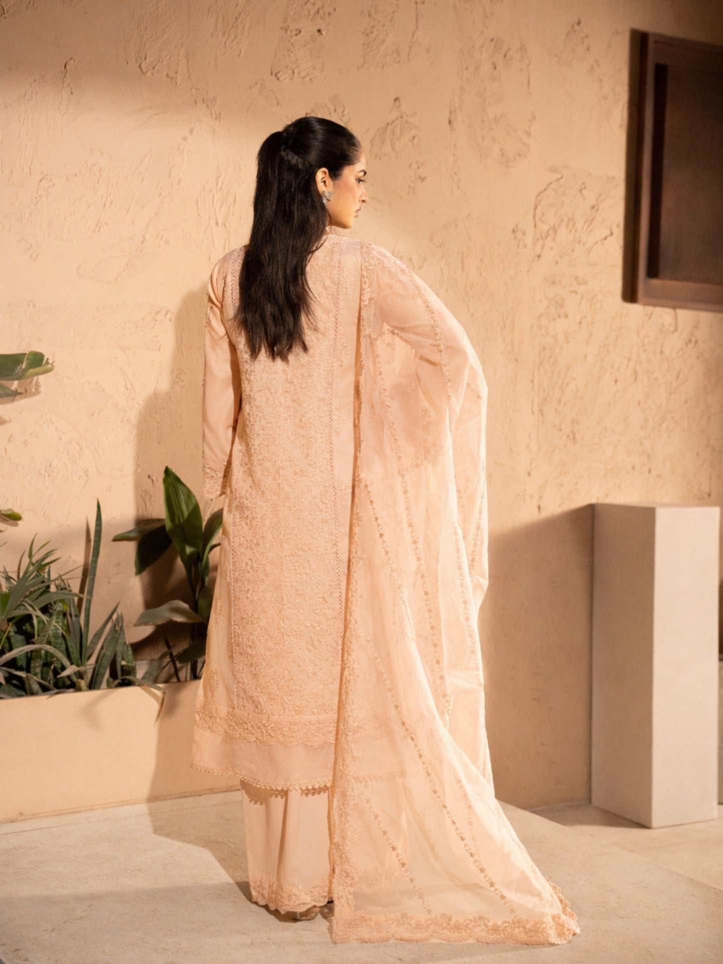 Peach-Manahil Arts Organza Embellished Stitched 3-Piece Suit-K-183-Peach