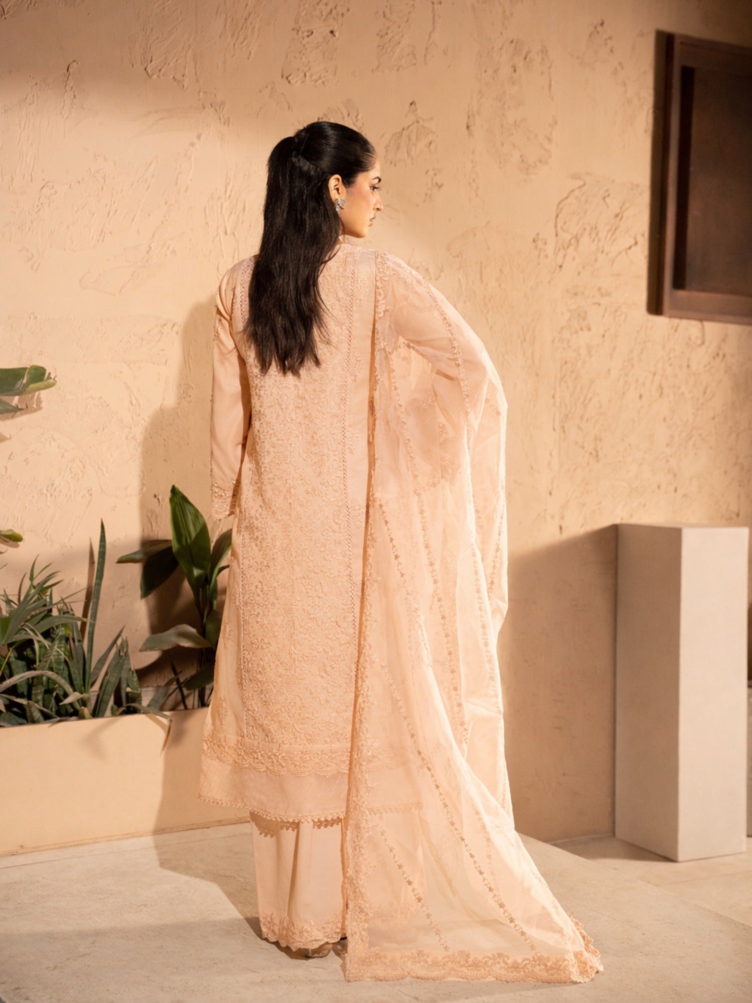 Peach-Manahil Arts Organza Embellished Stitched 3-Piece Suit-K-183-Peach