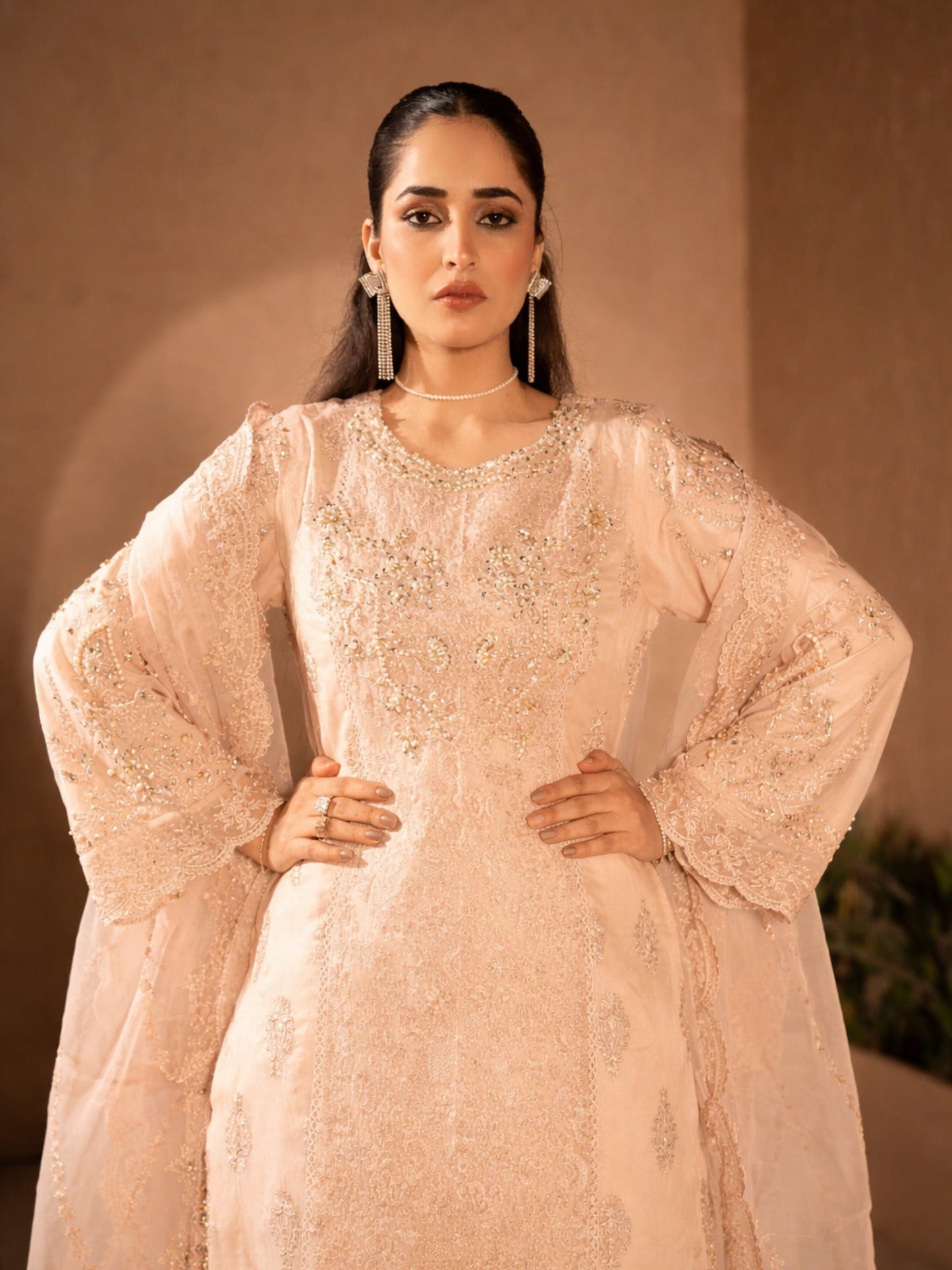Peach-Manahil Arts Organza Embellished Stitched 3-Piece Suit-K-183-Peach