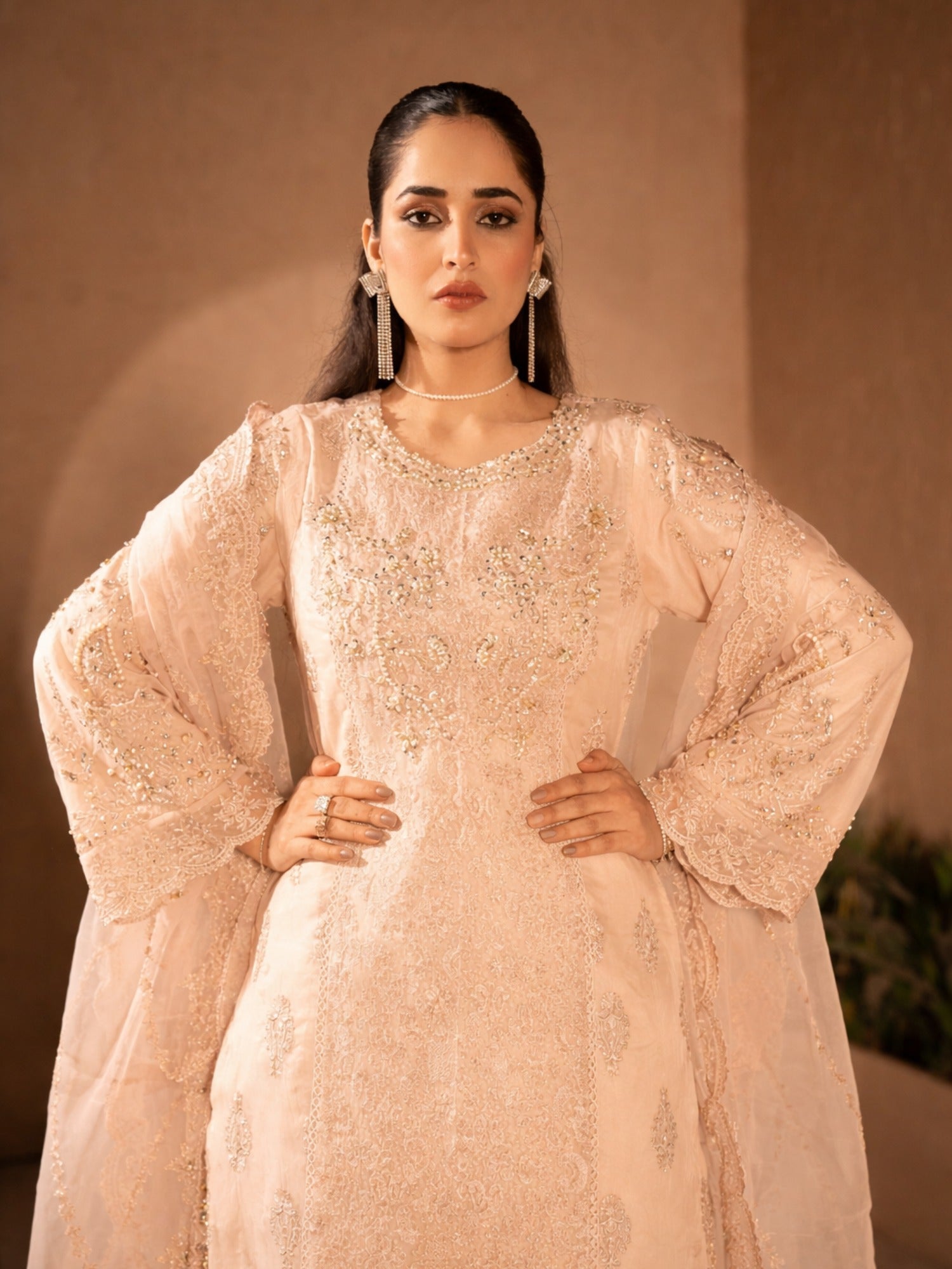 Peach-Manahil Arts Organza Embellished Stitched 3-Piece Suit-K-183-Peach