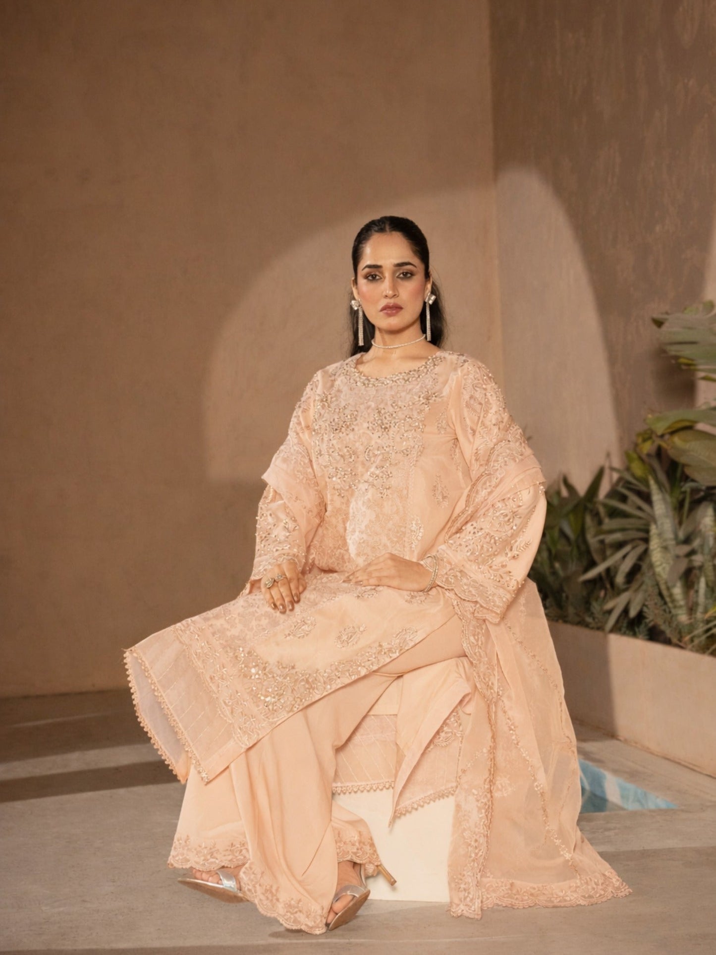 Peach-Manahil Arts Organza Embellished Stitched 3-Piece Suit-K-183-Peach