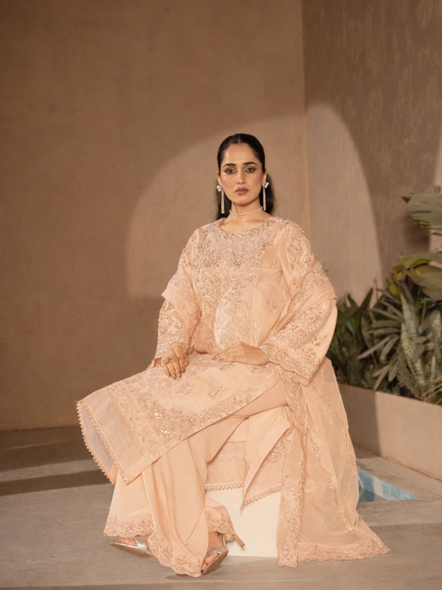 Peach-Manahil Arts Organza Embellished Stitched 3-Piece Suit-K-183-Peach