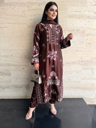 Savarna Silk Embroidered Stitched 3 Piece Suit Chocolate Brown 48