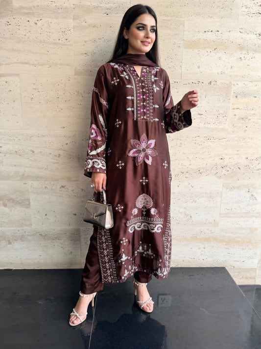 Savarna Silk Embroidered Stitched 3-Piece Suit-Chocolate Brown 48