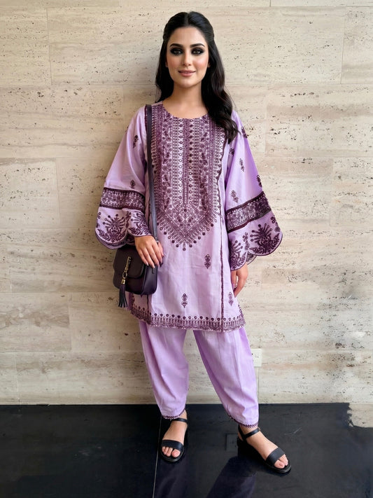 Savarna Cotton Embroidered Stitched 2-Piece Suit-Lilac Purple 47