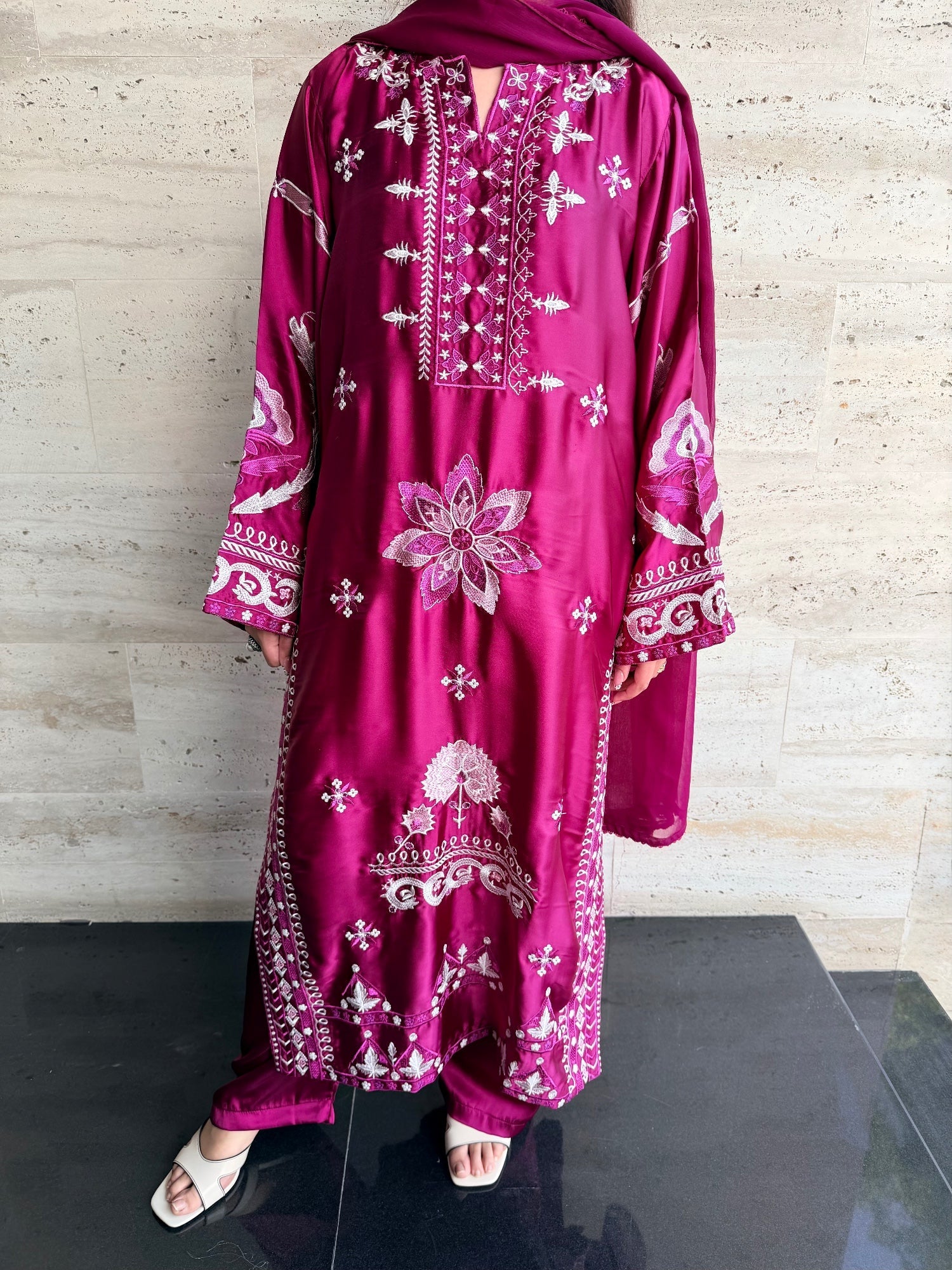 Savarna Silk Embroidered Stitched 3-Piece Suit-Magenta Pink 49
