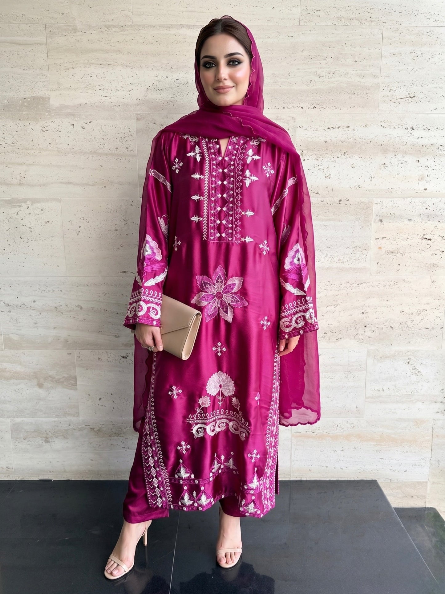 Savarna Silk Embroidered Stitched 3-Piece Suit-Magenta Pink 49