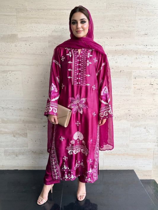 Savarna Silk Embroidered Stitched 3-Piece Suit-Magenta Pink 49