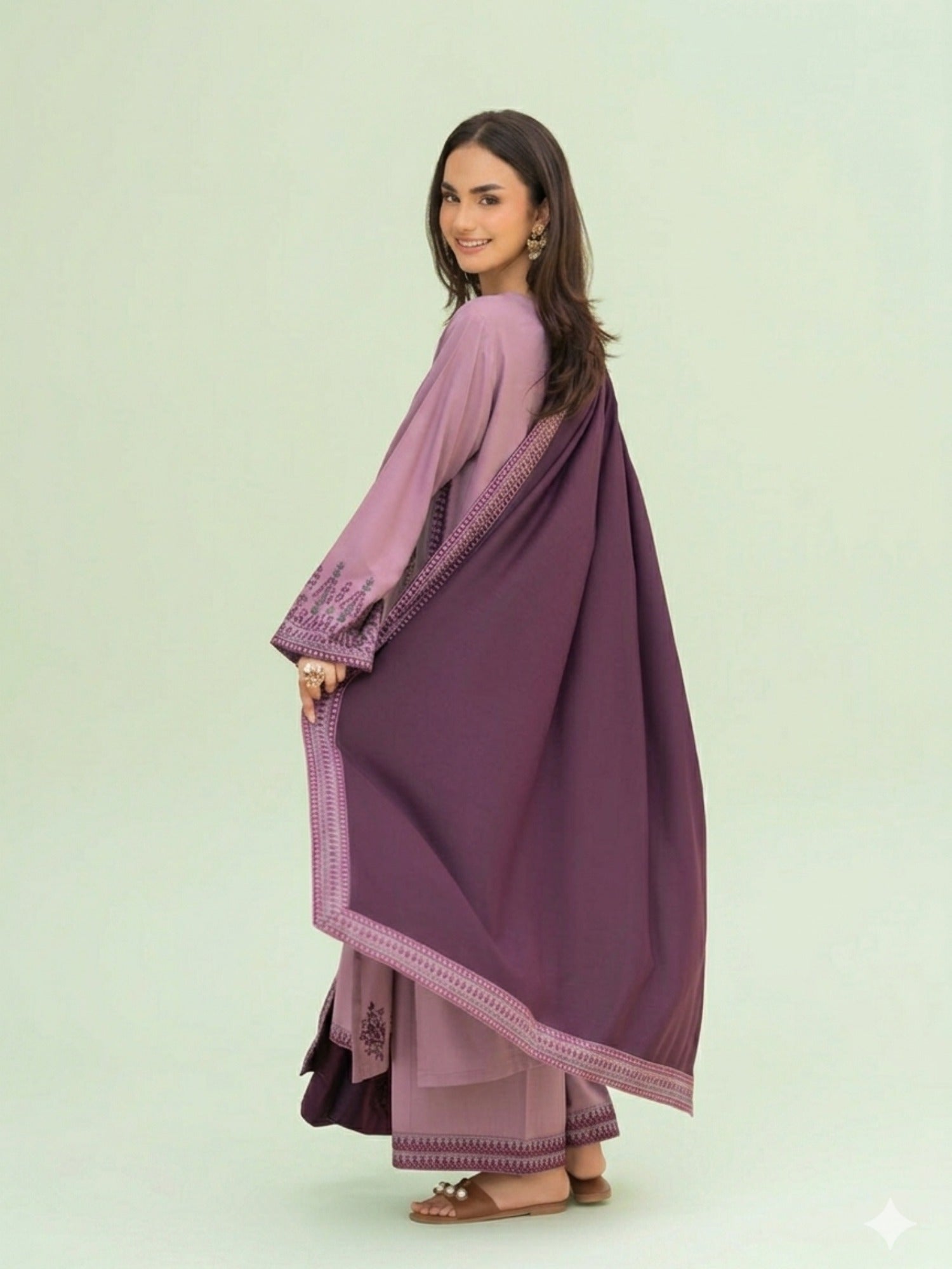 Purple-Pyara Jora Linen Embroidered Stitched 3-Piece Suit-Mahnoor