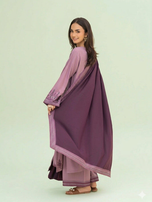 Purple-Pyara Jora Linen Embroidered Stitched 3-Piece Suit-Mahnoor