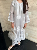 Savarna Sheesha Silk Embroidered Stitched 2-Piece Suit-Silver Grey White 50