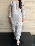 Savarna Sheesha Silk Embroidered Stitched 2-Piece Suit-Silver Grey White 50