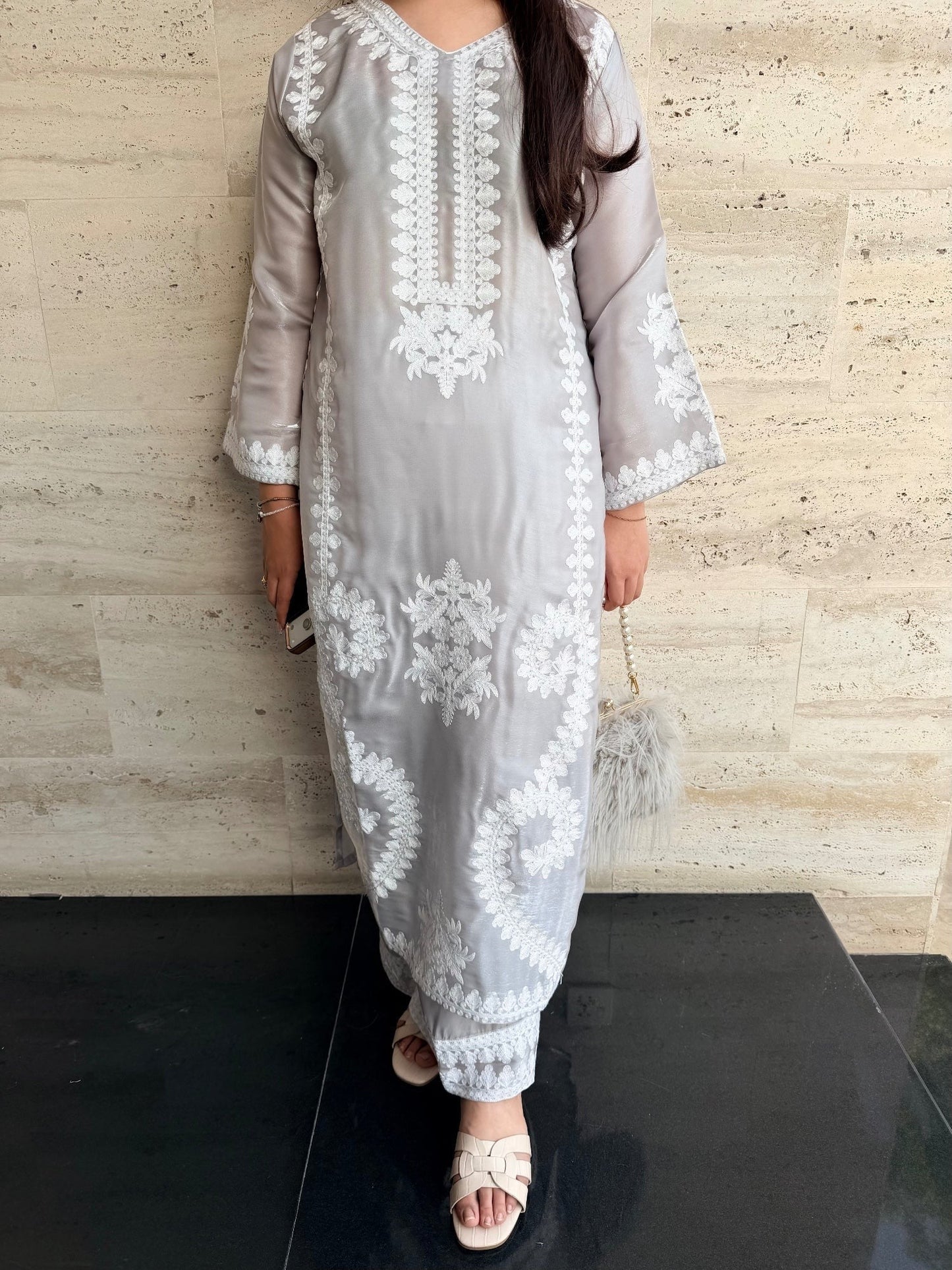 Savarna Sheesha Silk Embroidered Stitched 2-Piece Suit-Silver Grey White 50