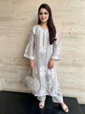 Savarna Sheesha Silk Embroidered Stitched 2-Piece Suit-Silver Grey White 50