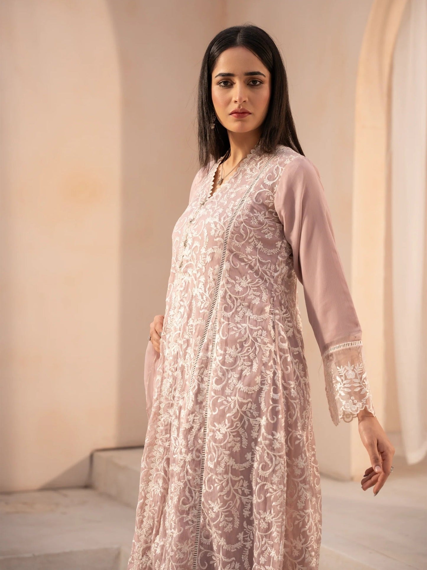 Lilac Manahil Arts Chiffon Embroidered Stitched 4-Piece Suit-K-113-Tea Pink