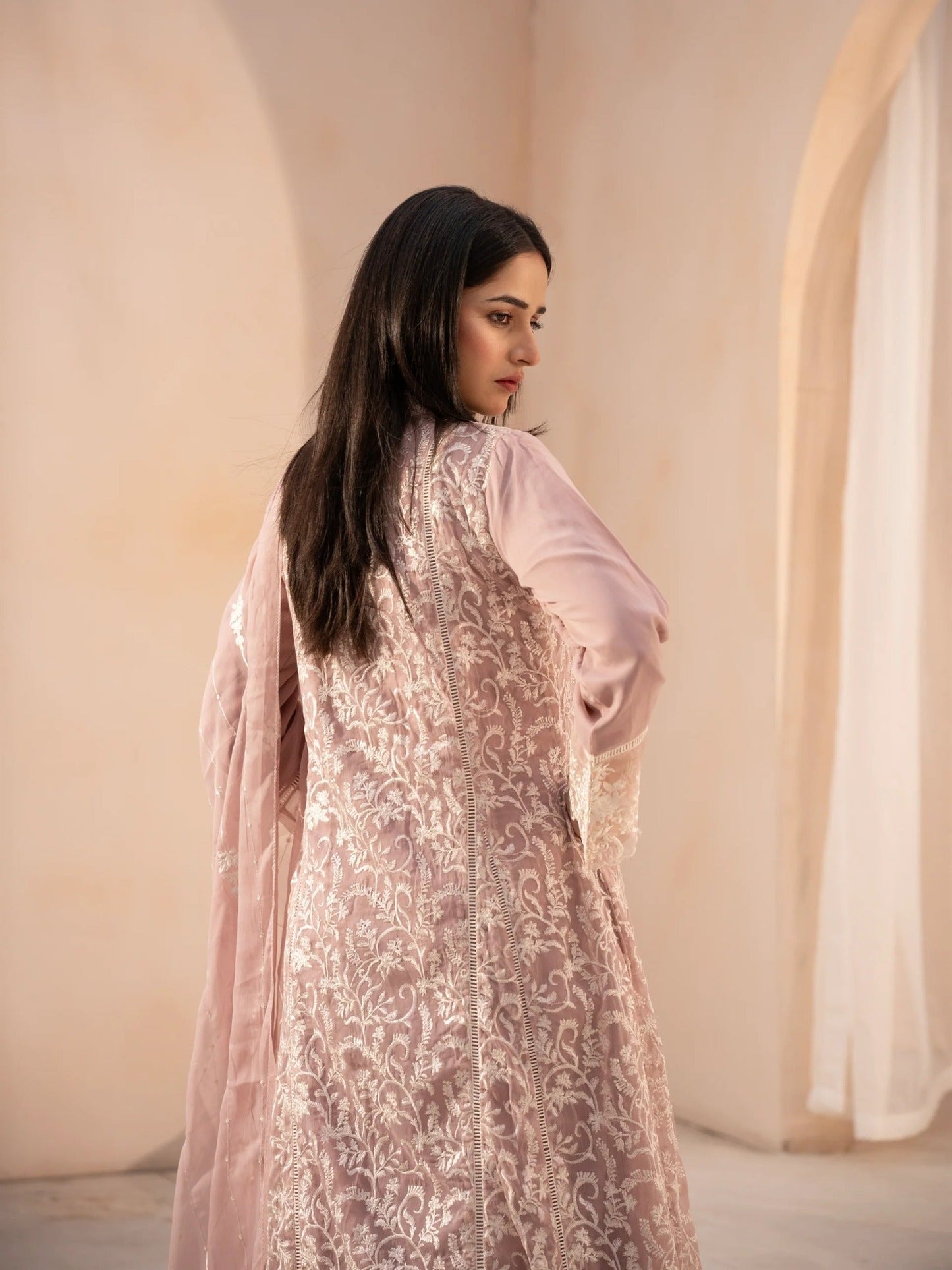 Lilac Manahil Arts Chiffon Embroidered Stitched 4-Piece Suit-K-113-Tea Pink