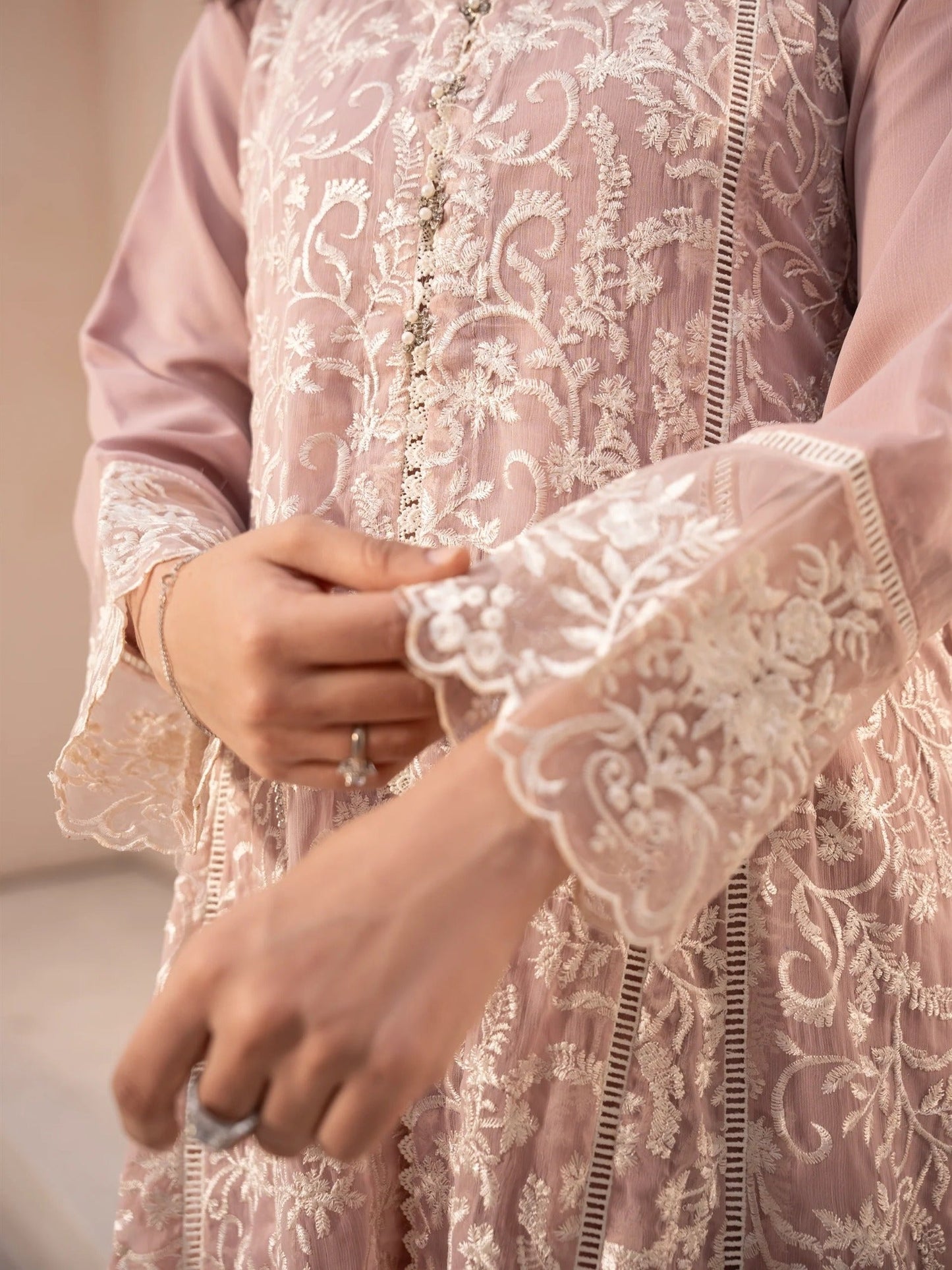 Lilac Manahil Arts Chiffon Embroidered Stitched 4-Piece Suit-K-113-Tea Pink