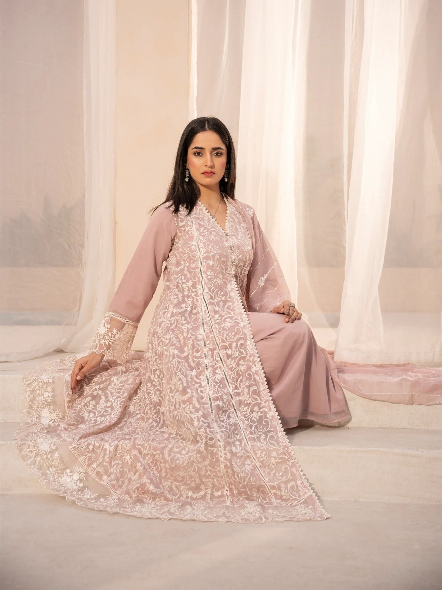Lilac Manahil Arts Chiffon Embroidered Stitched 4-Piece Suit-K-113-Tea Pink