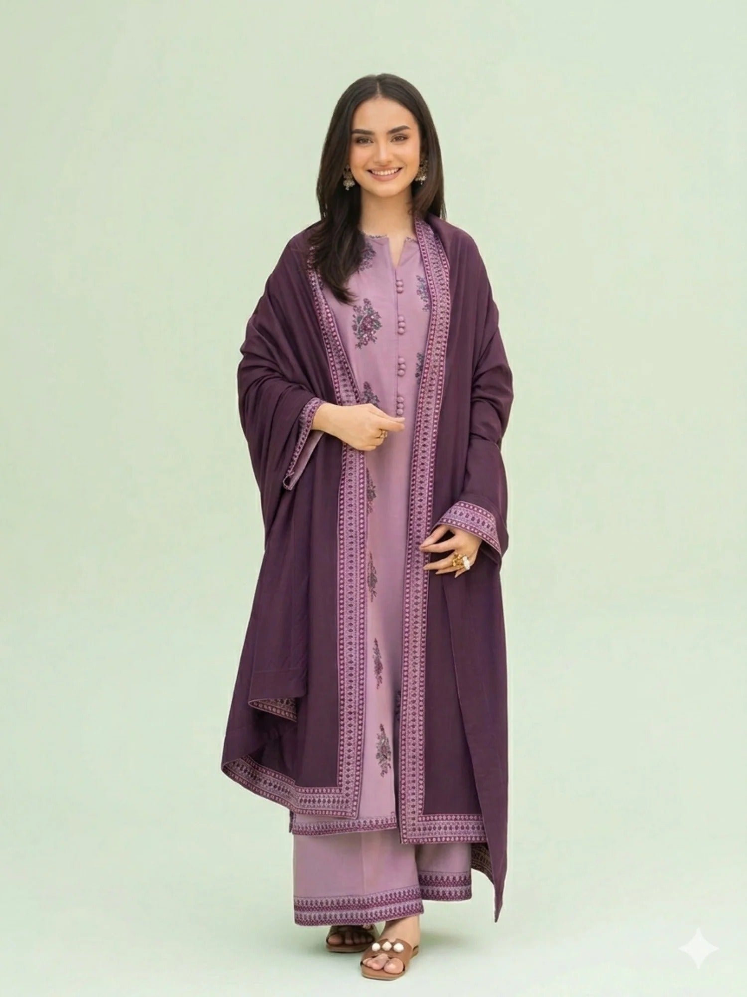 Purple-Pyara Jora Linen Embroidered Stitched 3-Piece Suit-Mahnoor