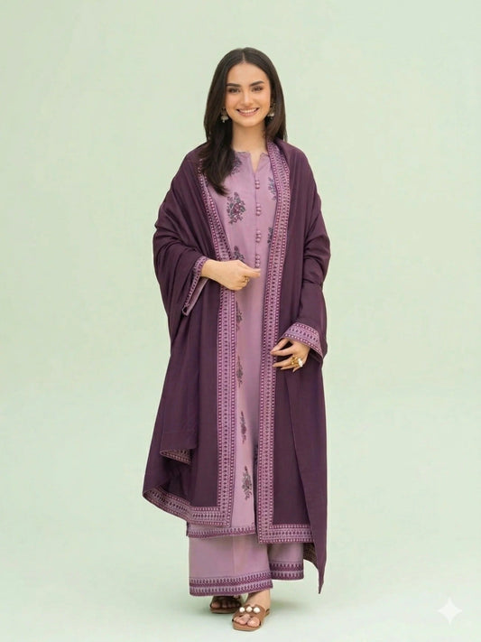 Purple-Pyara Jora Linen Embroidered Stitched 3-Piece Suit-Mahnoor
