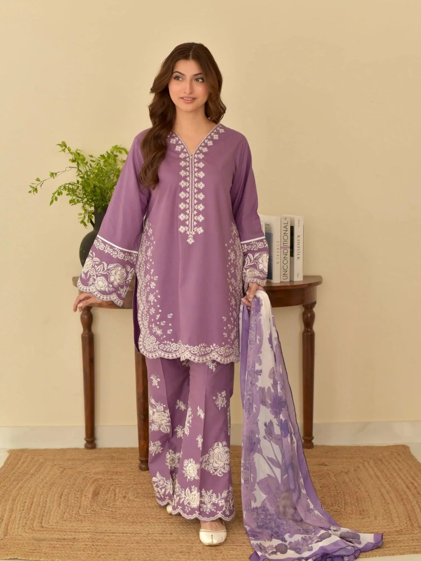 Purple-Ayat Closet Lawn Embroidered Stitched 3-Piece Suit-Zara