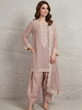 Savarna Chiffon Raw Silk Embroidered Stitched 3-Piece Suit-Beige Tea Pink 3