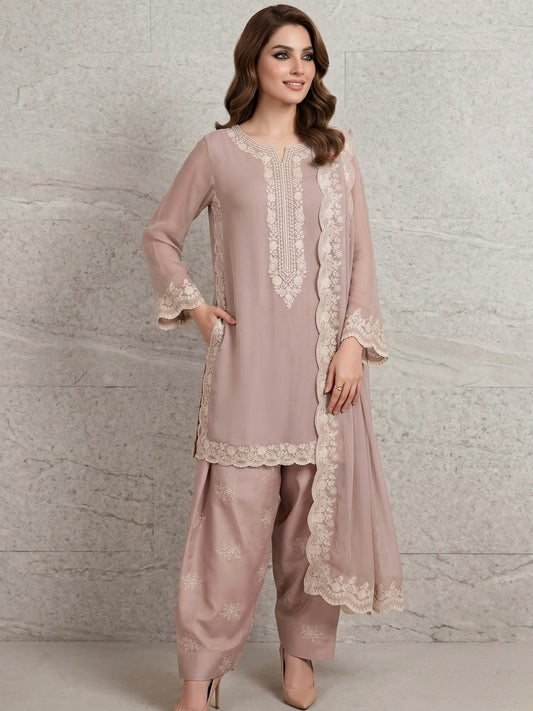 Savarna Chiffon Raw Silk Embroidered Stitched 3-Piece Suit-Beige Tea Pink 3
