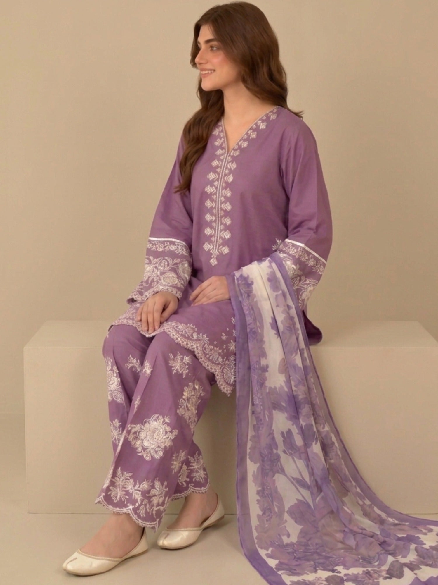 Purple-Pyara Jora Lawn Embroidered Stitched 3-Piece Suit-Purple Lux