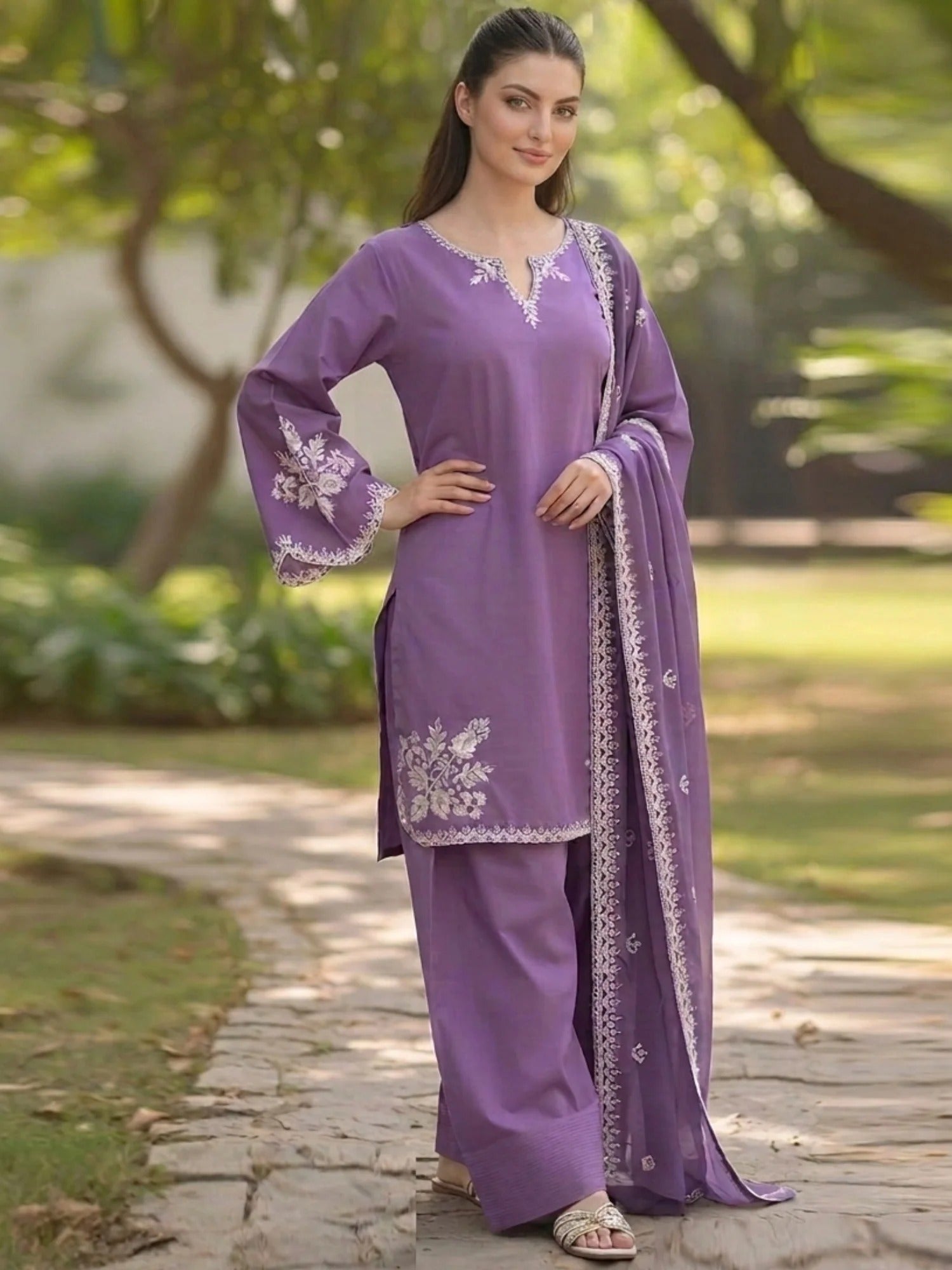 Lilac-Pyara Jora Lawn Embroidered Stitched 3-Piece Suit-Royal