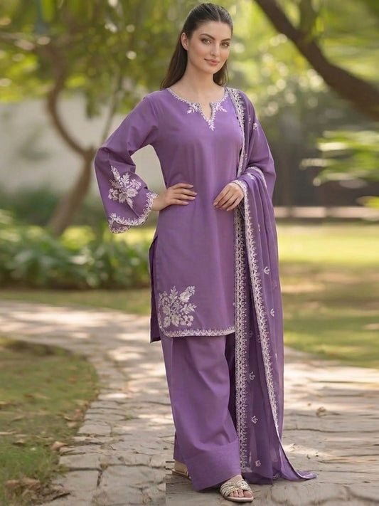 Lilac-Pyara Jora Lawn Embroidered Stitched 3-Piece Suit-Royal