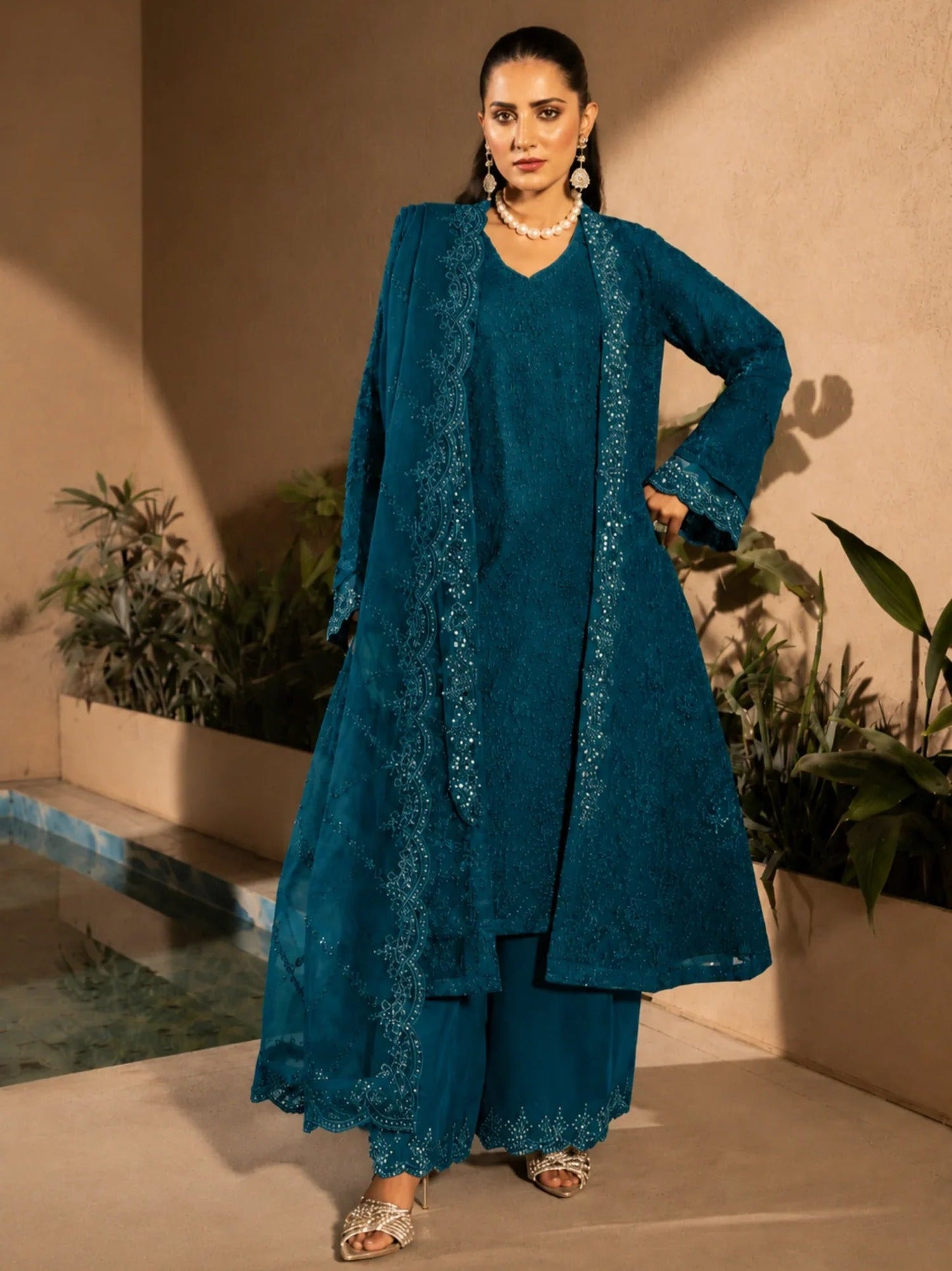 Blue Manahil Arts Crepe Embellished Stitched 4-Piece Suit-Style Code:198-Bondi Blue