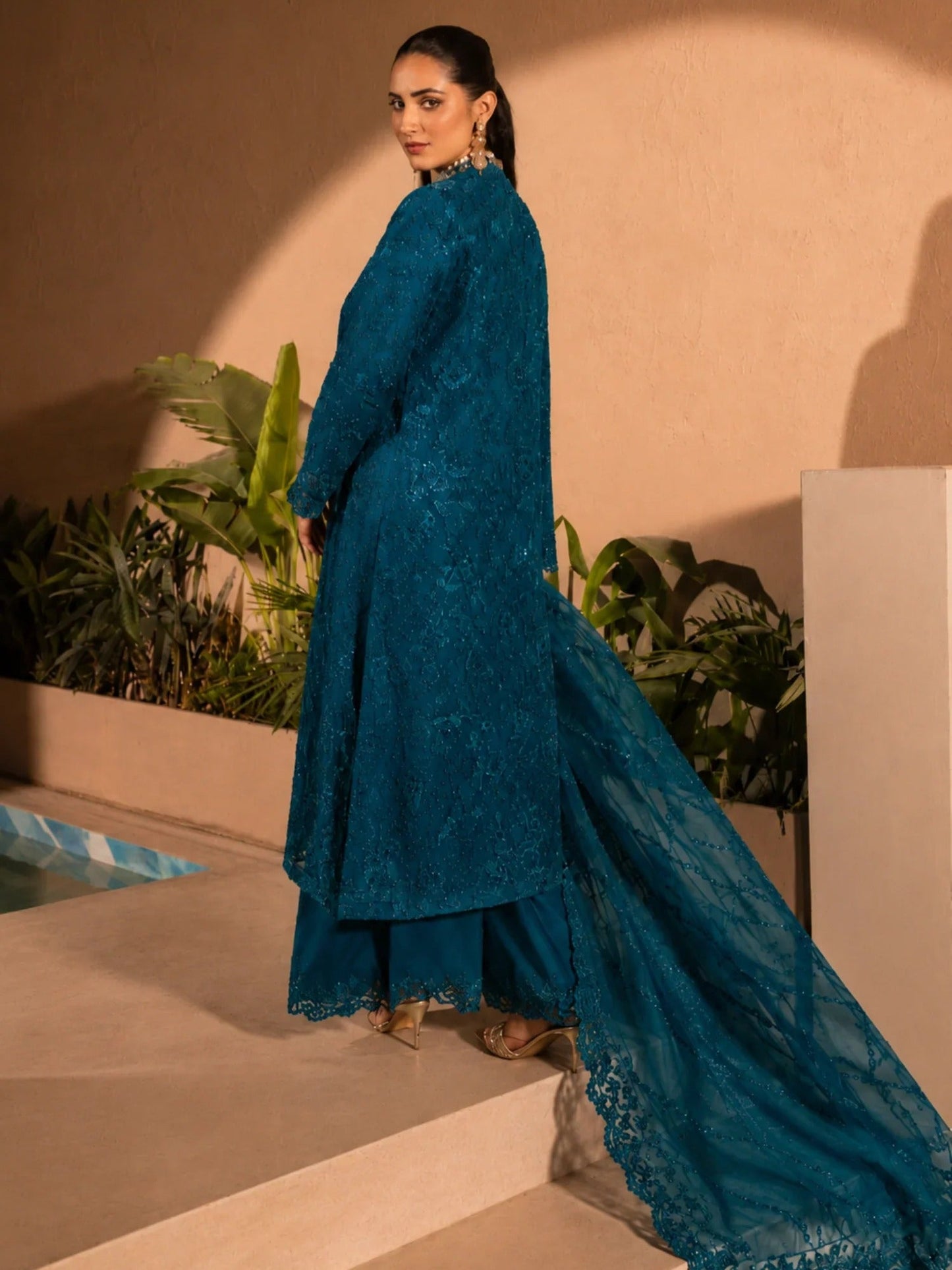 Blue Manahil Arts Crepe Embellished Stitched 4-Piece Suit-Style Code:198-Bondi Blue