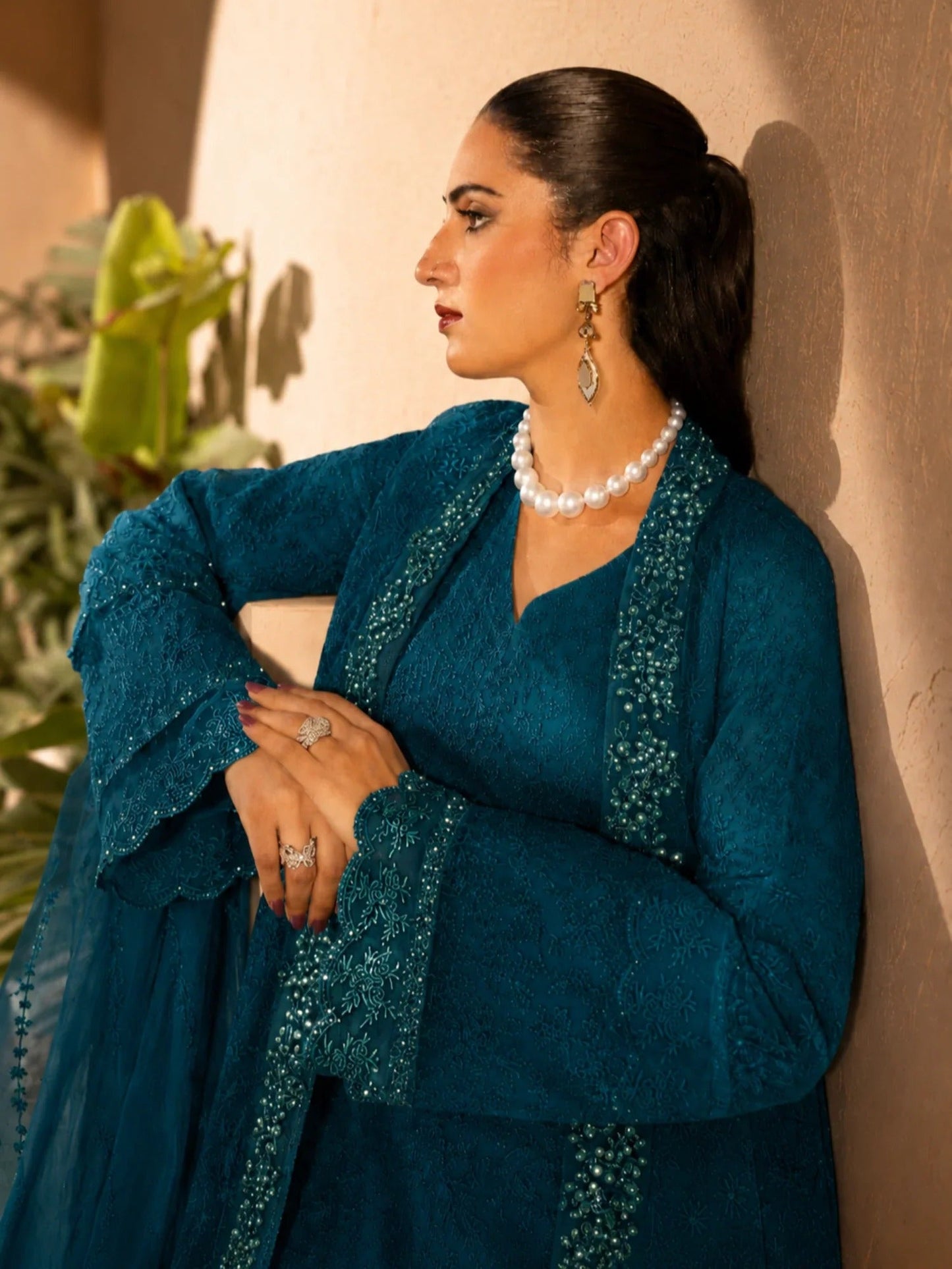Blue Manahil Arts Crepe Embellished Stitched 4-Piece Suit-Style Code:198-Bondi Blue