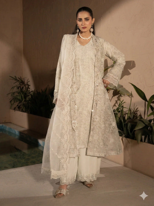 Manahil Arts Crepe Embellished Stitched 4-Piece Suit-Style Code:198-Off White
