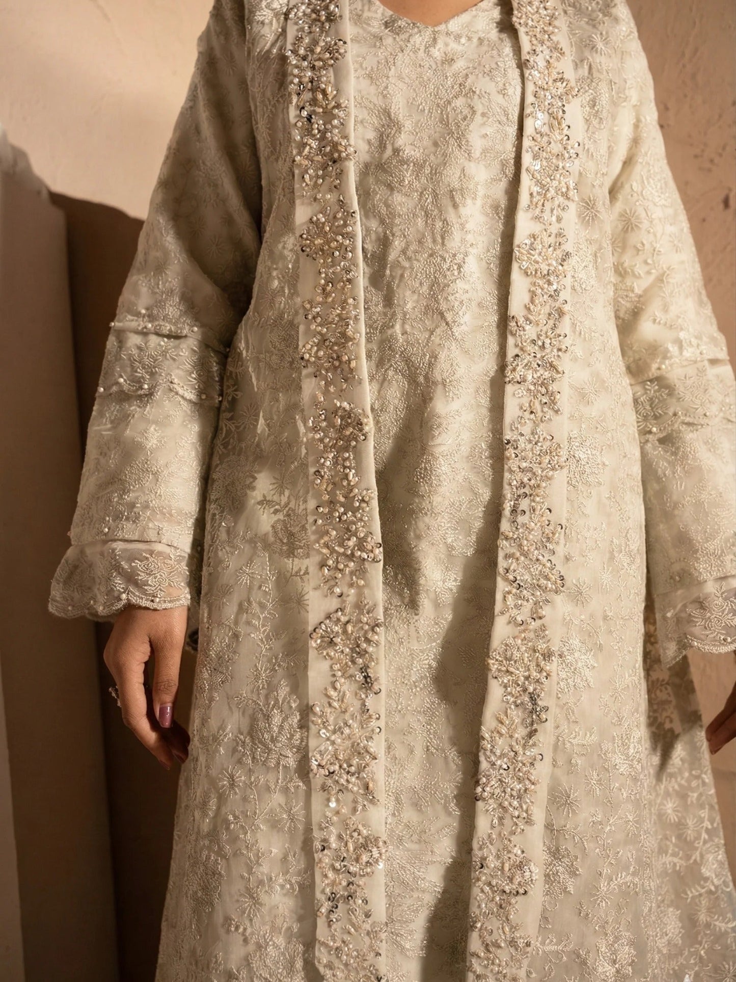 Manahil Arts Crepe Embellished Stitched 4-Piece Suit-Style Code:198-Off White