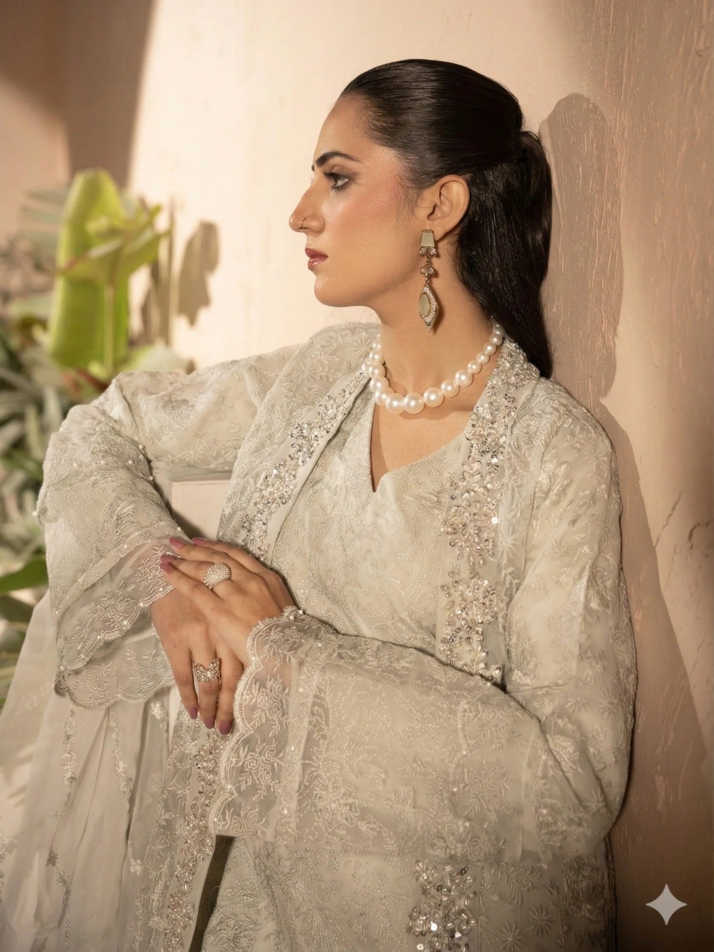 Manahil Arts Crepe Embellished Stitched 4-Piece Suit-Style Code:198-Off White