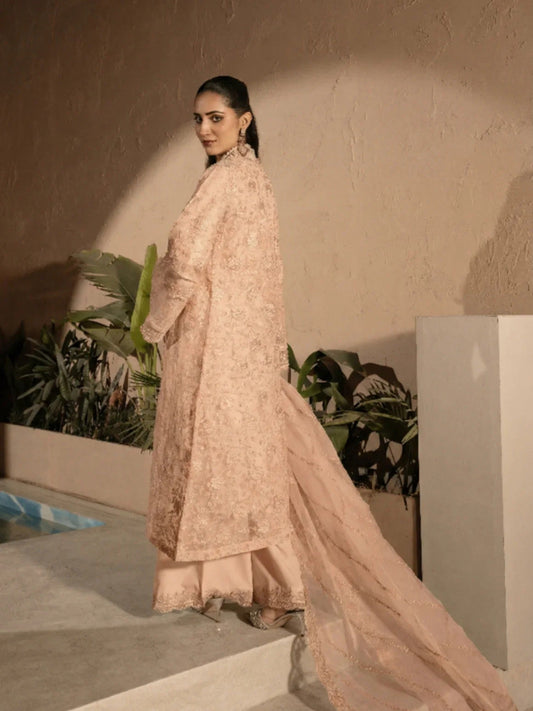 Peach Manahil Arts Crepe Embellished Stitched 4-Piece Suit-Style Code:198-Peach