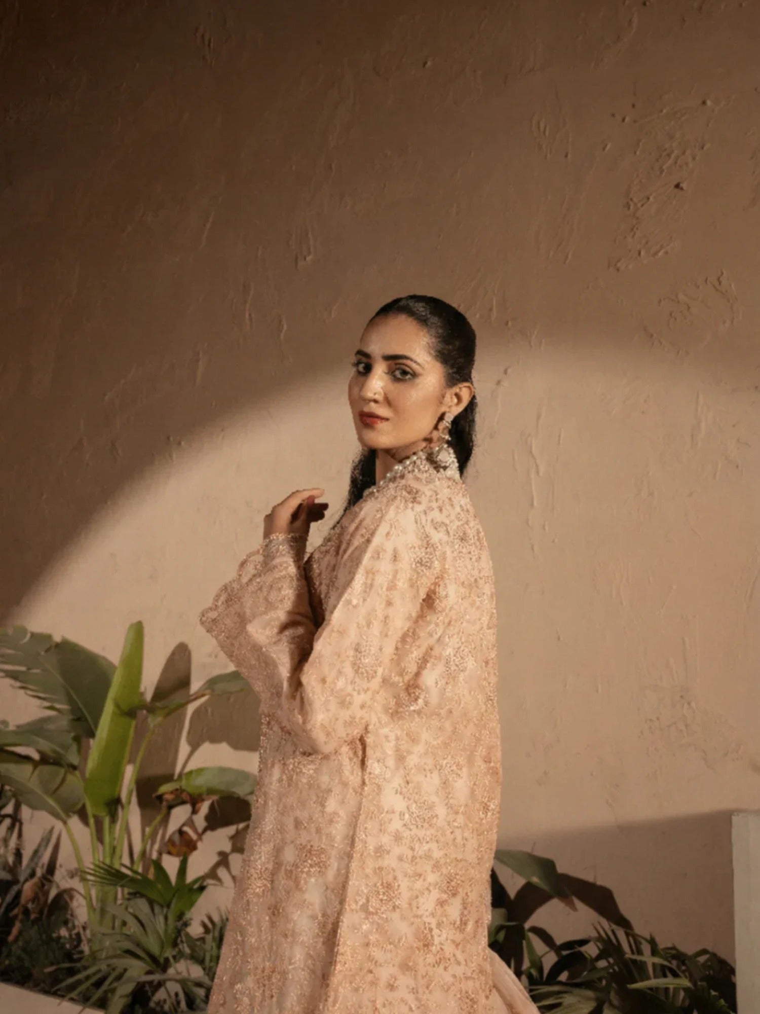Peach Manahil Arts Crepe Embellished Stitched 4-Piece Suit-Style Code:198-Peach