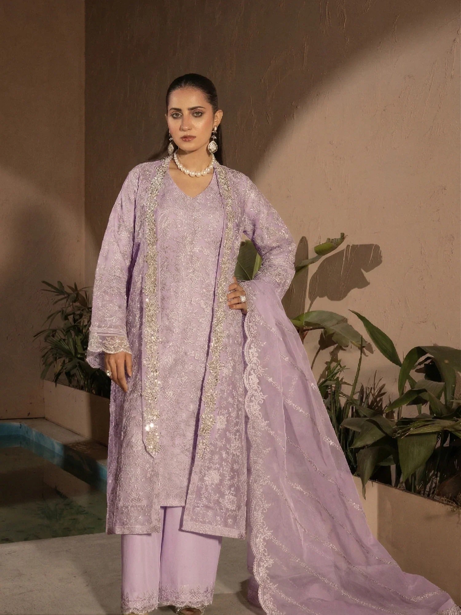 Manahil Arts Crepe Embellished Stitched 4-Piece Suit-Style Code:198-Lilac