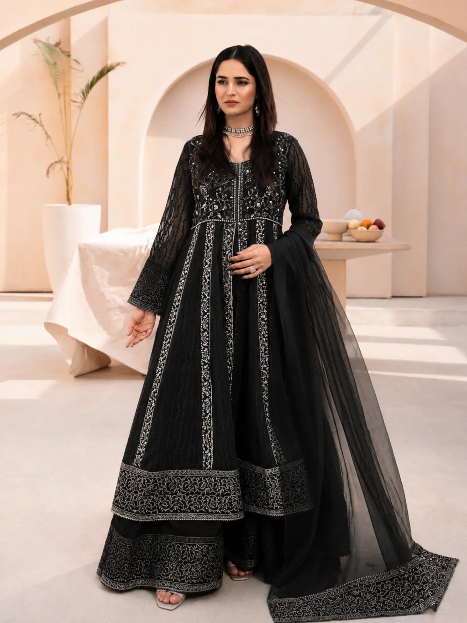 Black Manahil Arts Chiffon Embellished Stitched 3-Piece Suit-L-025-Black