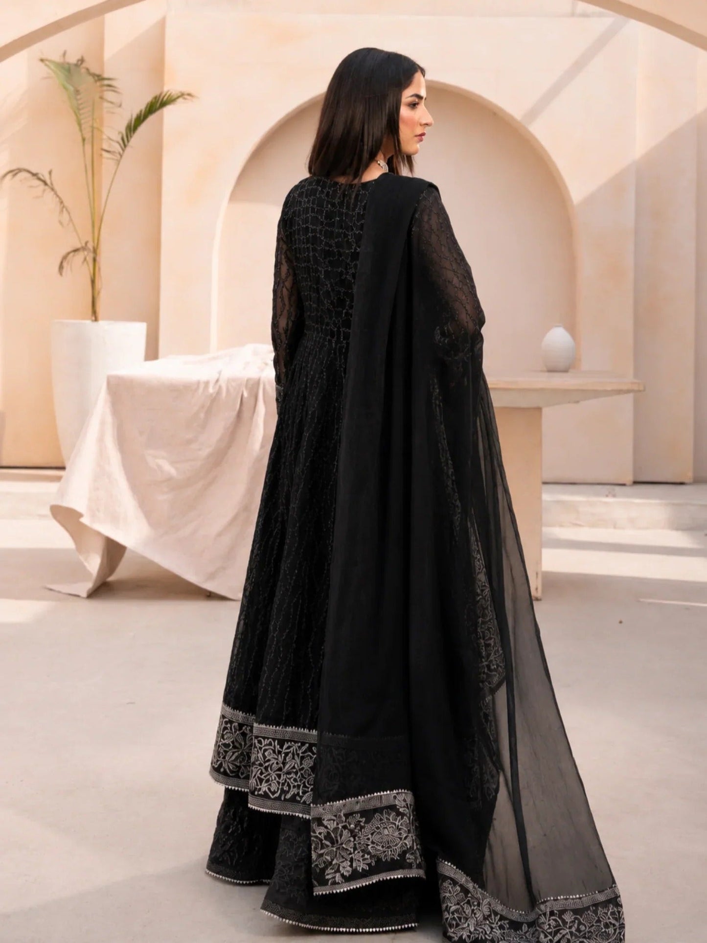 Black Manahil Arts Chiffon Embellished Stitched 3-Piece Suit-L-025-Black