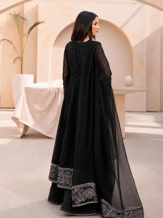 Black Manahil Arts Chiffon Embellished Stitched 3-Piece Suit-L-025-Black