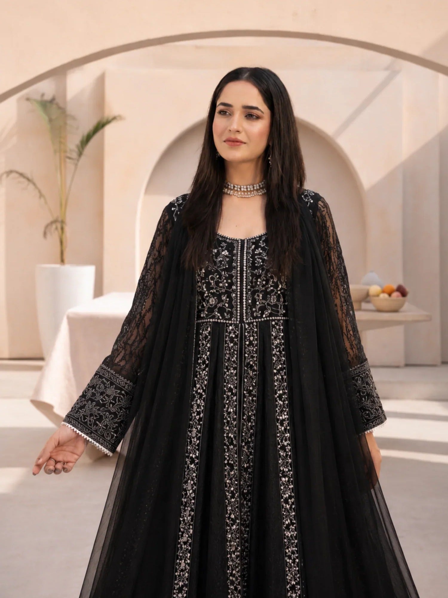 Black Manahil Arts Chiffon Embellished Stitched 3-Piece Suit-L-025-Black