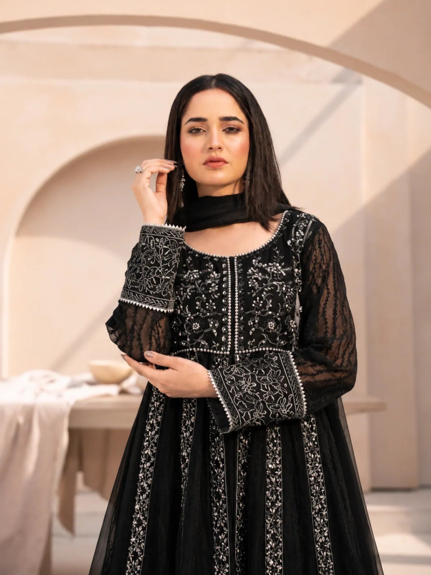 Black Manahil Arts Chiffon Embellished Stitched 3-Piece Suit-L-025-Black