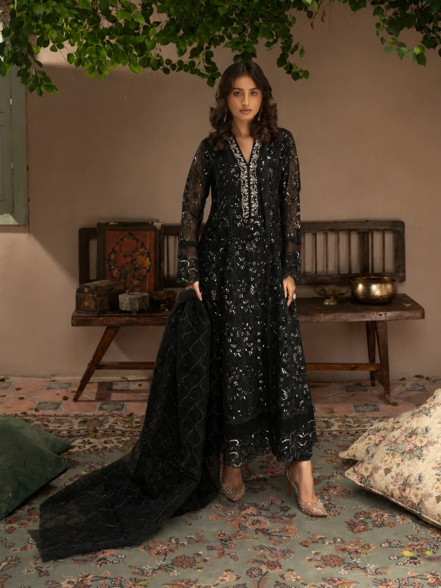 Black Manahil Arts Organza Embellished Stitched 3-Piece Suit-K-151-Black